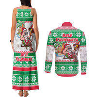 Hawaii Mele Kalikimaka Couples Matching Tank Maxi Dress and Long Sleeve Button Shirt Aloha Santa and Palm Tree Mix Kakau Pattern LT03 - Polynesian Pride
