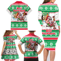 Hawaii Mele Kalikimaka Family Matching Long Sleeve Bodycon Dress and Hawaiian Shirt Aloha Santa and Palm Tree Mix Kakau Pattern LT03 - Polynesian Pride