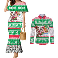 Custom Hawaii Mele Kalikimaka Couples Matching Mermaid Dress and Long Sleeve Button Shirt Aloha Santa and Palm Tree Mix Kakau Pattern LT03 Green - Polynesian Pride