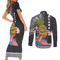 Hawaii Pineapple Surfing With Kakau Tribal Couples Matching Short Sleeve Bodycon Dress and Long Sleeve Button Shirt LT03 - Polynesian Pride