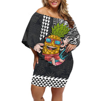 Hawaii Pineapple Surfing With Kakau Tribal Family Matching Off Shoulder Short Dress and Hawaiian Shirt LT03 Mom's Dress Brown - Polynesian Pride