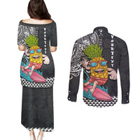 Hawaii Pineapple Surfing Kakau Tribal Personalised Couples Matching Puletasi Dress and Long Sleeve Button Shirt LT03 - Polynesian Pride