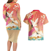 Hawaiian and Japanese Culture Together Couples Matching Long Sleeve Bodycon Dress and Hawaiian Shirt Kakau Art Tattoo with Cranes and Sakura Spring Vibe LT03 - Polynesian Pride