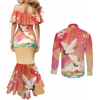 Hawaiian and Japanese Culture Together Couples Matching Mermaid Dress and Long Sleeve Button Shirt Kakau Art Tattoo with Cranes and Sakura Spring Vibe LT03 - Polynesian Pride