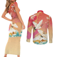 Hawaiian and Japanese Culture Together Couples Matching Short Sleeve Bodycon Dress and Long Sleeve Button Shirt Kakau Art Tattoo with Cranes and Sakura Spring Vibe LT03 - Polynesian Pride