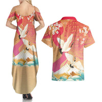 Hawaiian and Japanese Culture Together Couples Matching Summer Maxi Dress and Hawaiian Shirt Kakau Art Tattoo with Cranes and Sakura Spring Vibe LT03 - Polynesian Pride