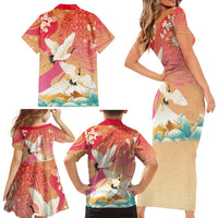 Hawaiian and Japanese Culture Together Family Matching Short Sleeve Bodycon Dress and Hawaiian Shirt Kakau Art Tattoo with Cranes and Sakura Spring Vibe LT03 - Polynesian Pride