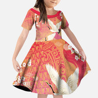 Hawaiian and Japanese Culture Together Family Matching Summer Maxi Dress and Hawaiian Shirt Kakau Art Tattoo with Cranes and Sakura Spring Vibe LT03 Daughter's Dress Multicolor - Polynesian Pride