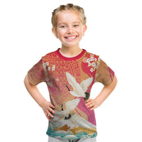 Hawaiian and Japanese Culture Together Kid T Shirt Kakau Art Tattoo with Cranes and Sakura Spring Vibe LT03 Multicolor - Polynesian Pride