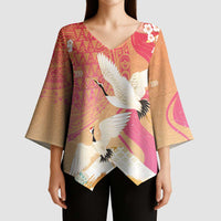 Hawaiian and Japanese Culture Together Kimono Sleeve Blouse Kakau Art Tattoo with Cranes and Sakura Spring Vibe LT03 - Polynesian Pride