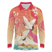 Hawaiian and Japanese Culture Together Long Sleeve Polo Shirt Kakau Art Tattoo with Cranes and Sakura Spring Vibe LT03 Multicolor - Polynesian Pride