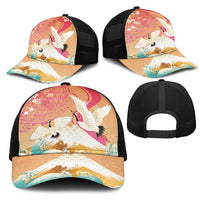 Hawaiian and Japanese Culture Together Mesh Trucker Cap Kakau Art Tattoo with Cranes and Sakura Spring Vibe LT03 - Polynesian Pride