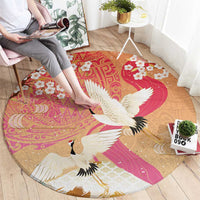 Hawaiian and Japanese Culture Together Round Carpet Kakau Art Tattoo with Cranes and Sakura Spring Vibe LT03 - Polynesian Pride
