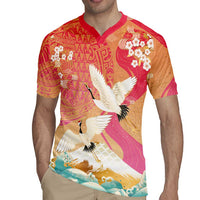 Hawaiian and Japanese Culture Together Rugby Jersey Kakau Art Tattoo with Cranes and Sakura Spring Vibe LT03 - Polynesian Pride