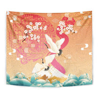 Hawaiian and Japanese Culture Together Tapestry Kakau Art Tattoo with Cranes and Sakura Spring Vibe LT03 - Polynesian Pride