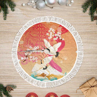 Hawaiian and Japanese Culture Together Tree Skirt Kakau Art Tattoo with Cranes and Sakura Spring Vibe LT03 Fringed Multicolor - Polynesian Pride
