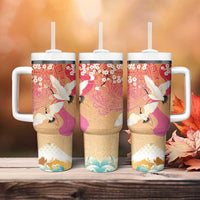 Hawaiian and Japanese Culture Together Tumbler With Handle Kakau Art Tattoo with Cranes and Sakura Spring Vibe LT03 - Polynesian Pride