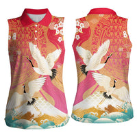 Hawaiian and Japanese Culture Together Women Sleeveless Polo Shirt Kakau Art Tattoo with Cranes and Sakura Spring Vibe LT03 - Polynesian Pride