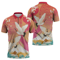 Hawaiian and Japanese Culture Together Zipper Polo Shirt Kakau Art Tattoo with Cranes and Sakura Spring Vibe LT03 - Polynesian Pride