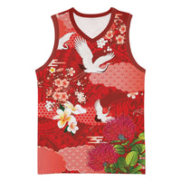 Hawaiian and Japanese Culture Together Basketball Jersey Red Ohia Lehua Plumeria and Sakura Blooming LT03 Unisex Red - Polynesian Pride
