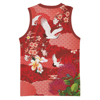 Hawaiian and Japanese Culture Together Basketball Jersey Red Ohia Lehua Plumeria and Sakura Blooming LT03 - Polynesian Pride