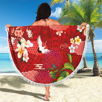 Hawaiian and Japanese Culture Together Beach Blanket Red Ohia Lehua Plumeria and Sakura Blooming LT03 - Polynesian Pride