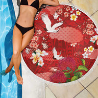 Hawaiian and Japanese Culture Together Beach Blanket Red Ohia Lehua Plumeria and Sakura Blooming LT03 - Polynesian Pride