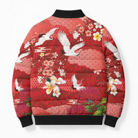 Hawaiian and Japanese Culture Together Bomber Puffer Jacket Red Ohia Lehua Plumeria and Sakura Blooming LT03 - Polynesian Pride