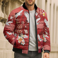 Hawaiian and Japanese Culture Together Bomber Puffer Jacket Red Ohia Lehua Plumeria and Sakura Blooming LT03 - Polynesian Pride