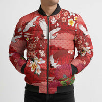 Hawaiian and Japanese Culture Together Bomber Puffer Jacket Red Ohia Lehua Plumeria and Sakura Blooming LT03 - Polynesian Pride