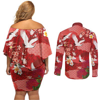 Hawaiian and Japanese Culture Together Couples Matching Off Shoulder Short Dress and Long Sleeve Button Shirt Red Ohia Lehua Plumeria and Sakura Blooming LT03 - Polynesian Pride