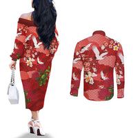 Hawaiian and Japanese Culture Together Couples Matching Off The Shoulder Long Sleeve Dress and Long Sleeve Button Shirt Red Ohia Lehua Plumeria and Sakura Blooming LT03 - Polynesian Pride