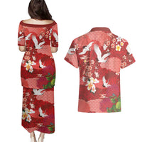 Hawaiian and Japanese Culture Together Couples Matching Puletasi and Hawaiian Shirt Red Ohia Lehua Plumeria and Sakura Blooming LT03 - Polynesian Pride