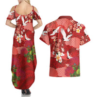 Hawaiian and Japanese Culture Together Couples Matching Summer Maxi Dress and Hawaiian Shirt Red Ohia Lehua Plumeria and Sakura Blooming LT03 - Polynesian Pride
