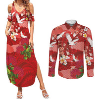 Hawaiian and Japanese Culture Together Couples Matching Summer Maxi Dress and Long Sleeve Button Shirt Red Ohia Lehua Plumeria and Sakura Blooming LT03 Red - Polynesian Pride