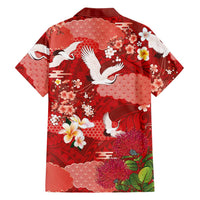 Hawaiian and Japanese Culture Together Family Matching Off The Shoulder Long Sleeve Dress and Hawaiian Shirt Red Ohia Lehua Plumeria and Sakura Blooming LT03 - Polynesian Pride