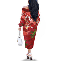 Hawaiian and Japanese Culture Together Family Matching Off The Shoulder Long Sleeve Dress and Hawaiian Shirt Red Ohia Lehua Plumeria and Sakura Blooming LT03 - Polynesian Pride
