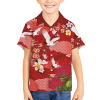 Hawaiian and Japanese Culture Together Family Matching Off The Shoulder Long Sleeve Dress and Hawaiian Shirt Red Ohia Lehua Plumeria and Sakura Blooming LT03 Son's Shirt Red - Polynesian Pride