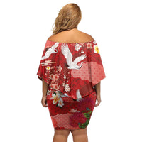 Hawaiian and Japanese Culture Together Family Matching Off Shoulder Short Dress and Hawaiian Shirt Red Ohia Lehua Plumeria and Sakura Blooming LT03 - Polynesian Pride