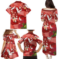 Hawaiian and Japanese Culture Together Family Matching Puletasi and Hawaiian Shirt Red Ohia Lehua Plumeria and Sakura Blooming LT03 - Polynesian Pride