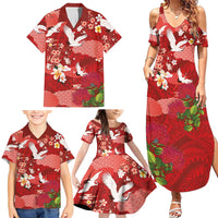 Hawaiian and Japanese Culture Together Family Matching Summer Maxi Dress and Hawaiian Shirt Red Ohia Lehua Plumeria and Sakura Blooming LT03 - Polynesian Pride