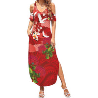 Hawaiian and Japanese Culture Together Family Matching Summer Maxi Dress and Hawaiian Shirt Red Ohia Lehua Plumeria and Sakura Blooming LT03 Mom's Dress Red - Polynesian Pride