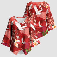 Hawaiian and Japanese Culture Together Kimono Sleeve Blouse Red Ohia Lehua Plumeria and Sakura Blooming LT03 - Polynesian Pride