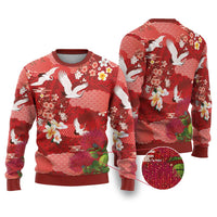 Hawaiian and Japanese Culture Together Ugly Christmas Sweater Red Ohia Lehua Plumeria and Sakura Blooming LT03 Red - Polynesian Pride
