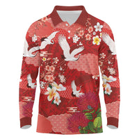 Hawaiian and Japanese Culture Together Long Sleeve Polo Shirt Red Ohia Lehua Plumeria and Sakura Blooming LT03 Red - Polynesian Pride