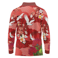 Hawaiian and Japanese Culture Together Long Sleeve Polo Shirt Red Ohia Lehua Plumeria and Sakura Blooming LT03 - Polynesian Pride