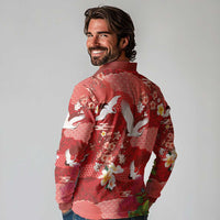Hawaiian and Japanese Culture Together Long Sleeve Polo Shirt Red Ohia Lehua Plumeria and Sakura Blooming LT03 - Polynesian Pride