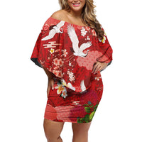 Hawaiian and Japanese Culture Together Off Shoulder Short Dress Red Ohia Lehua Plumeria and Sakura Blooming LT03 Women Red - Polynesian Pride