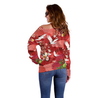 Hawaiian and Japanese Culture Together Off Shoulder Sweater Red Ohia Lehua Plumeria and Sakura Blooming LT03 - Polynesian Pride