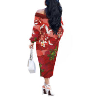 Hawaiian and Japanese Culture Together Off The Shoulder Long Sleeve Dress Red Ohia Lehua Plumeria and Sakura Blooming LT03 - Polynesian Pride